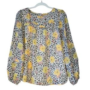 Loft creme yellow and pink floral and gray leopard long sleeve blouse. Size M‎